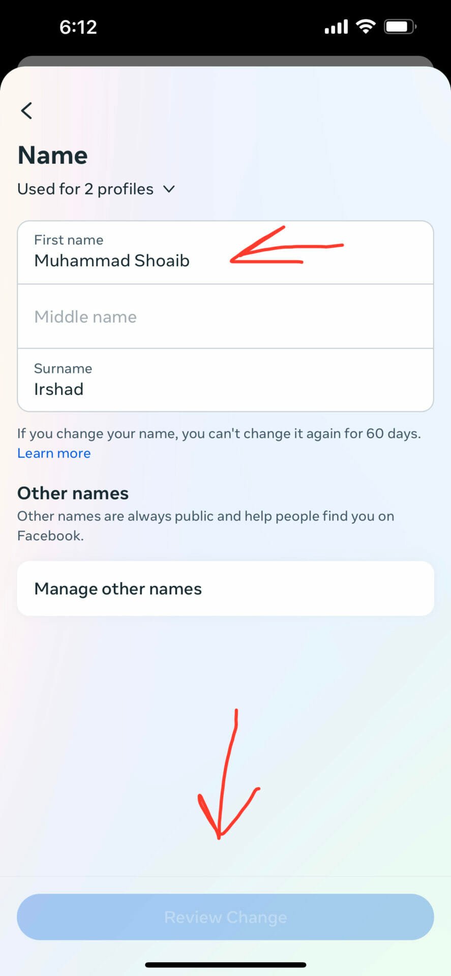 Change Name and Tap Review Changes