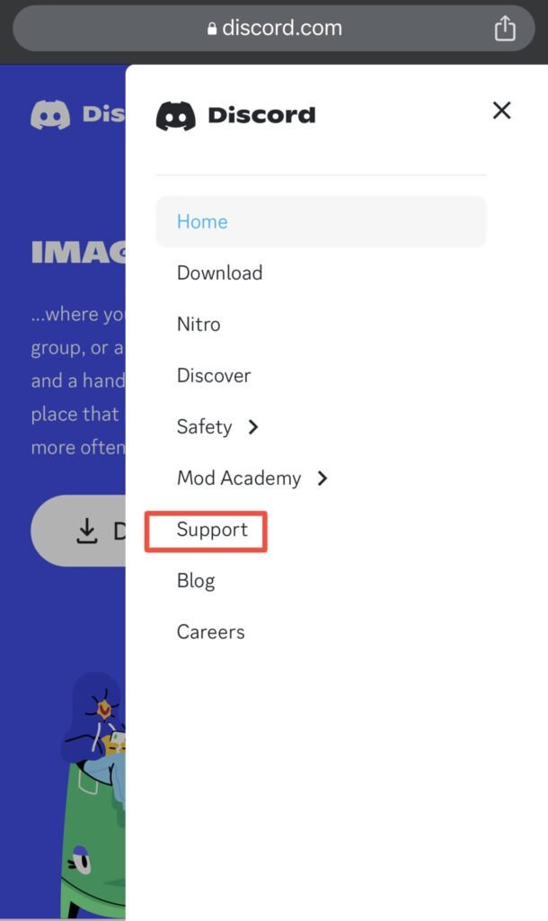 Support page access on Discord mobile