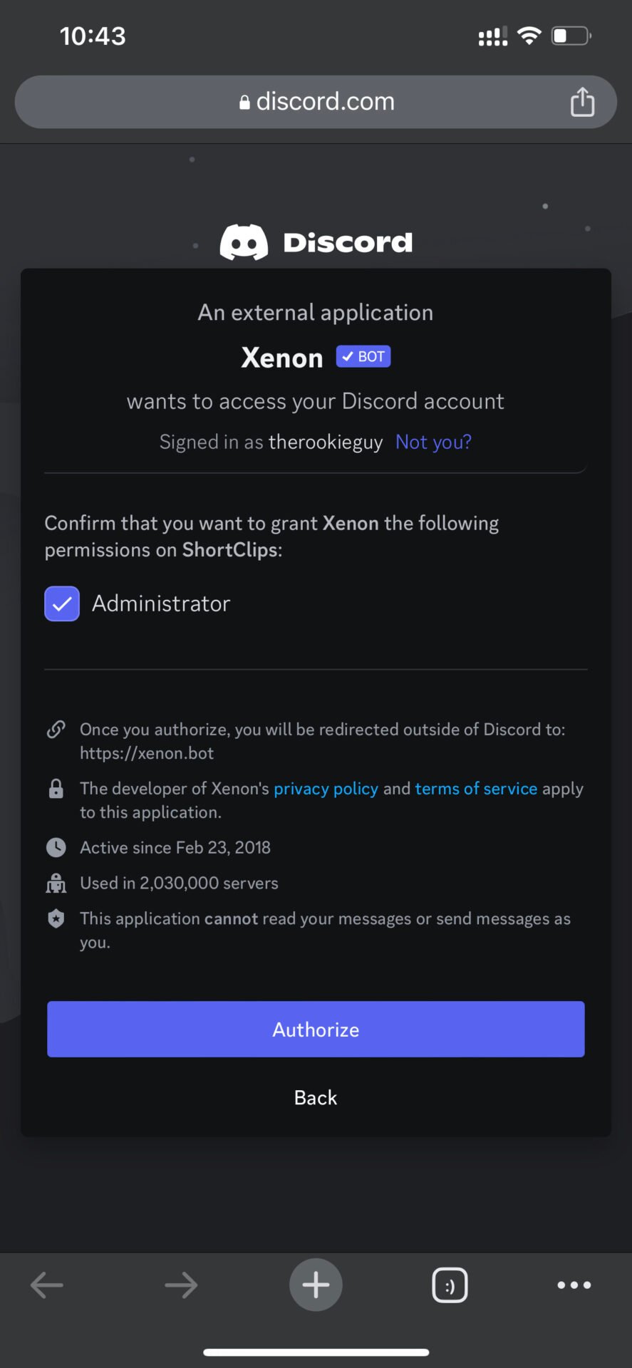 Authorize xenon bot on discord mobile