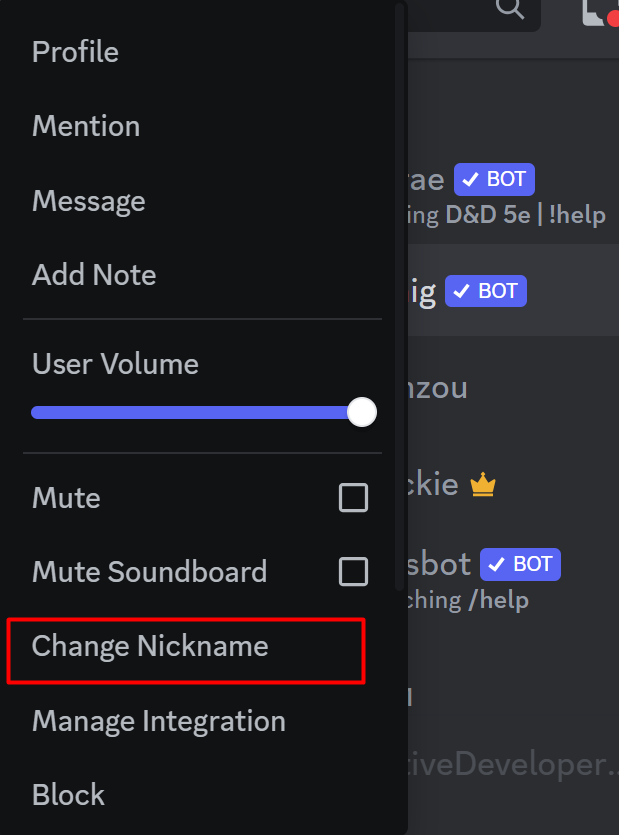 Click on Change nickname Discord PC