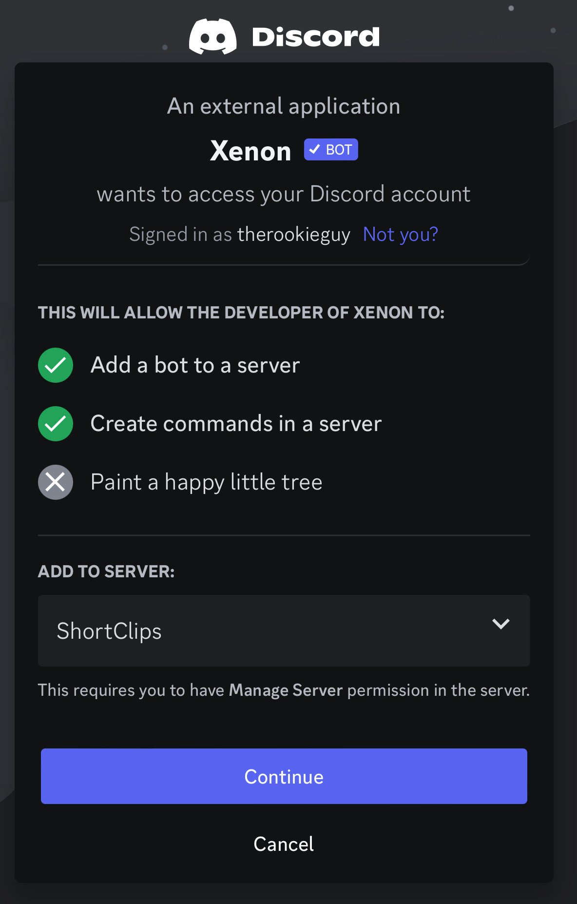 Select preferred server and continue xenon discord mobile