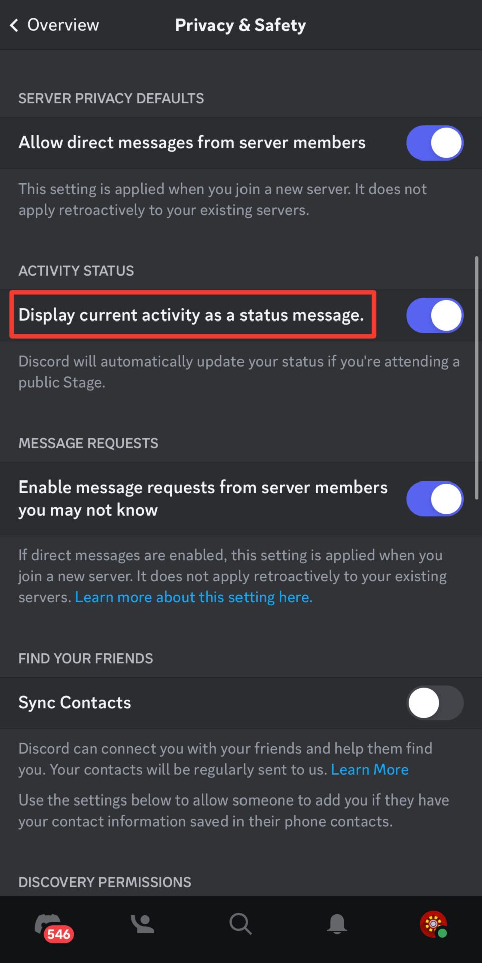 Turn off display current activity as a status message discord mobile