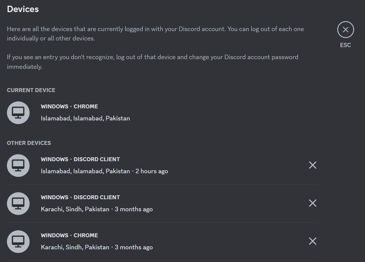 List of all devices Discord PC