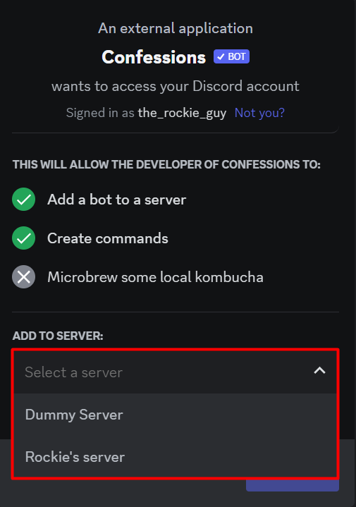 Select the server where you want to add bot Discord