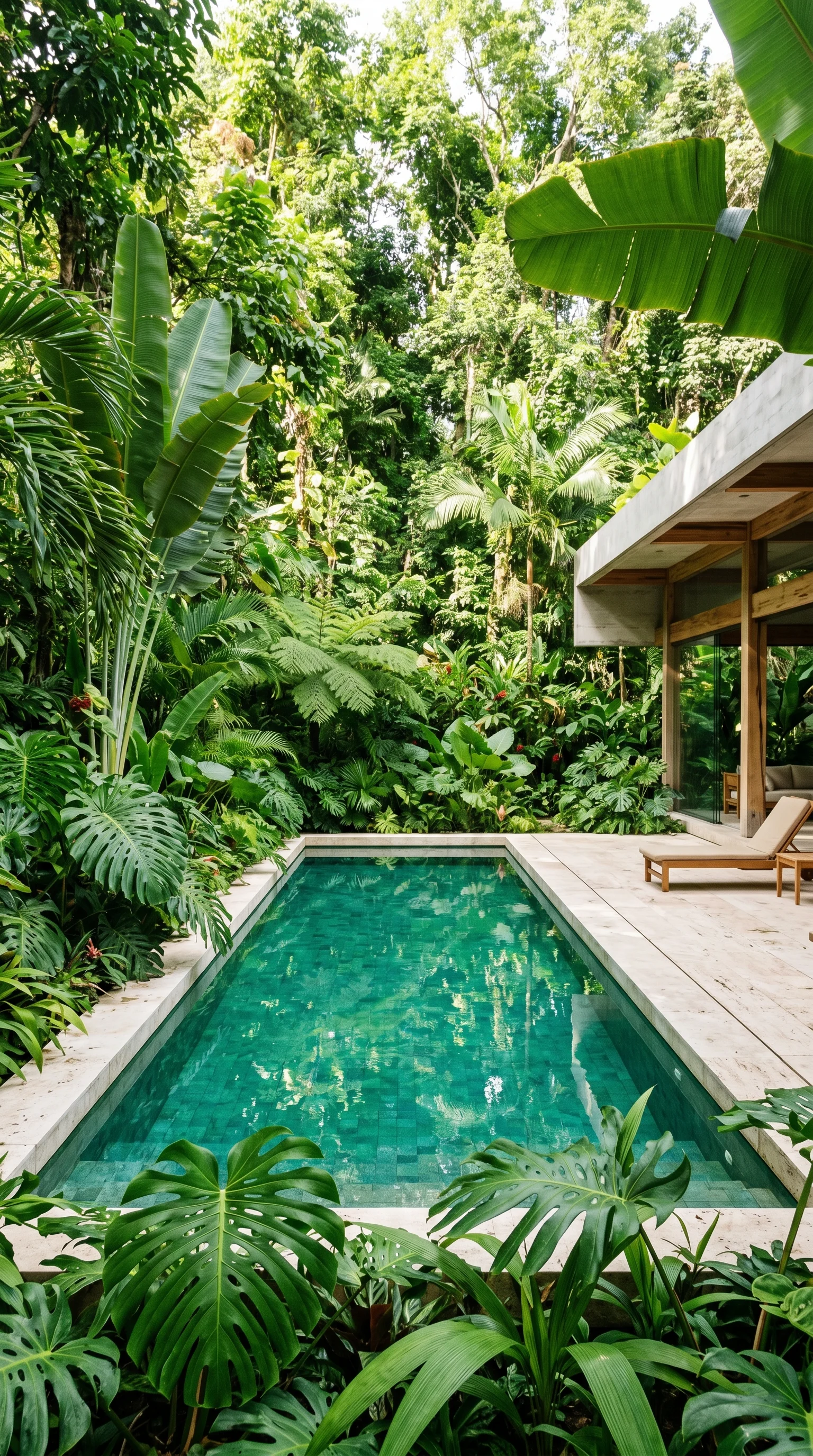 Modern geometric rectangular pool with banana leafs.