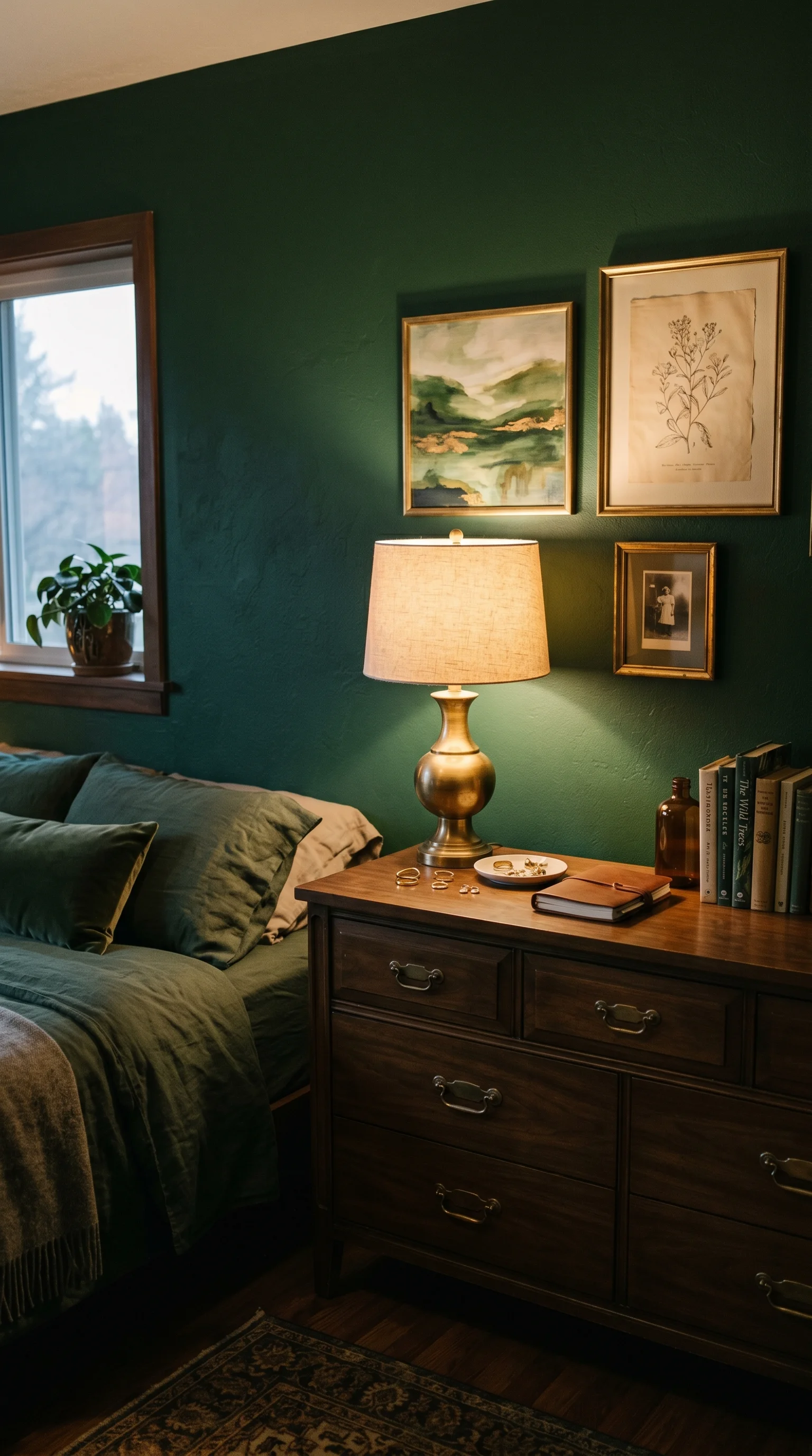 7. Deep Green with Warm Brass Accents