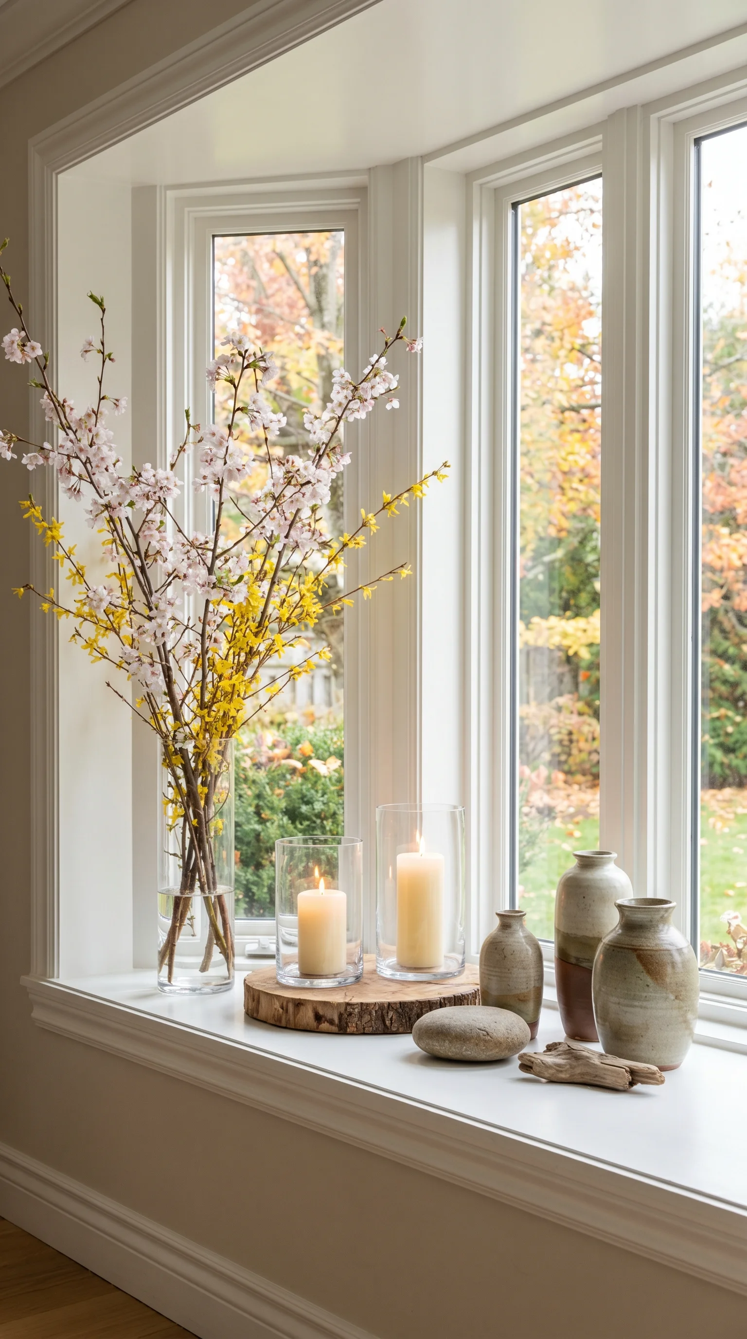 Elegant bay window sill styled as seasonal disp 10. [Elegant bay window sill 202606211056