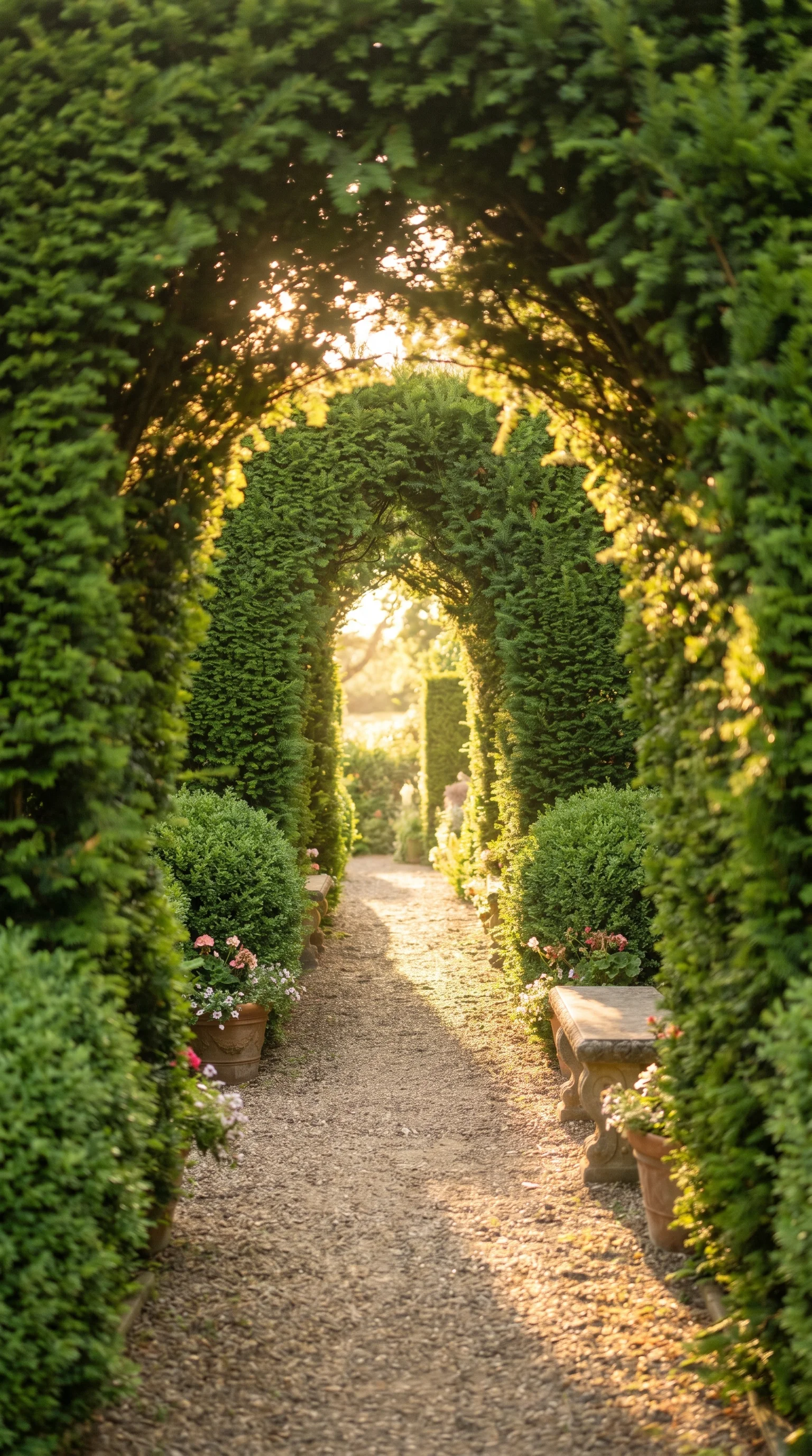 10 10 Romantic garden path flanked by tall mature gre 10. [Romantic garden path flanked 202606211502