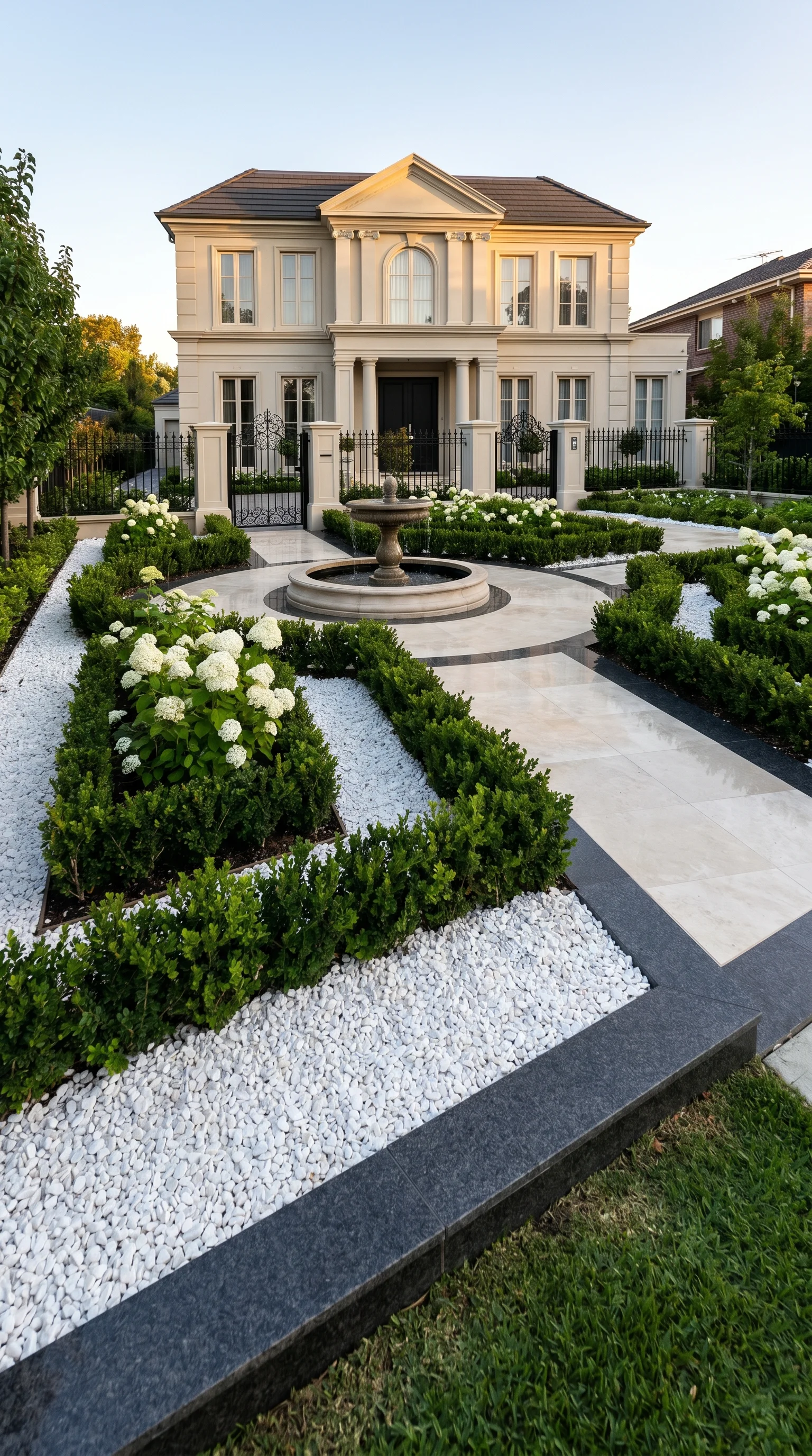 11 11 Elegant formal front garden with white polished 11. [Elegant formal front garden 202606211243
