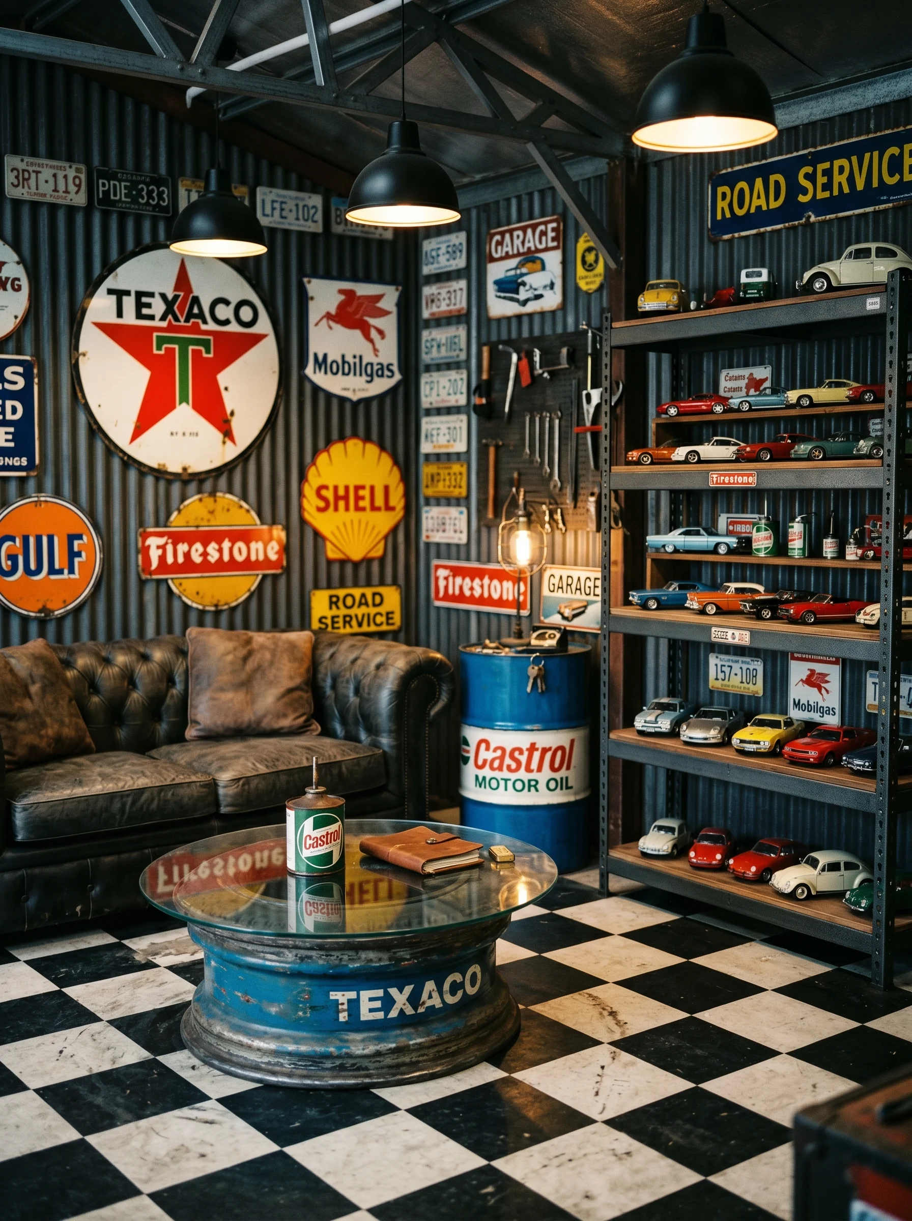 15 Themed automotive garage display with vintage gas Themed automotive garage display with 202606202329
