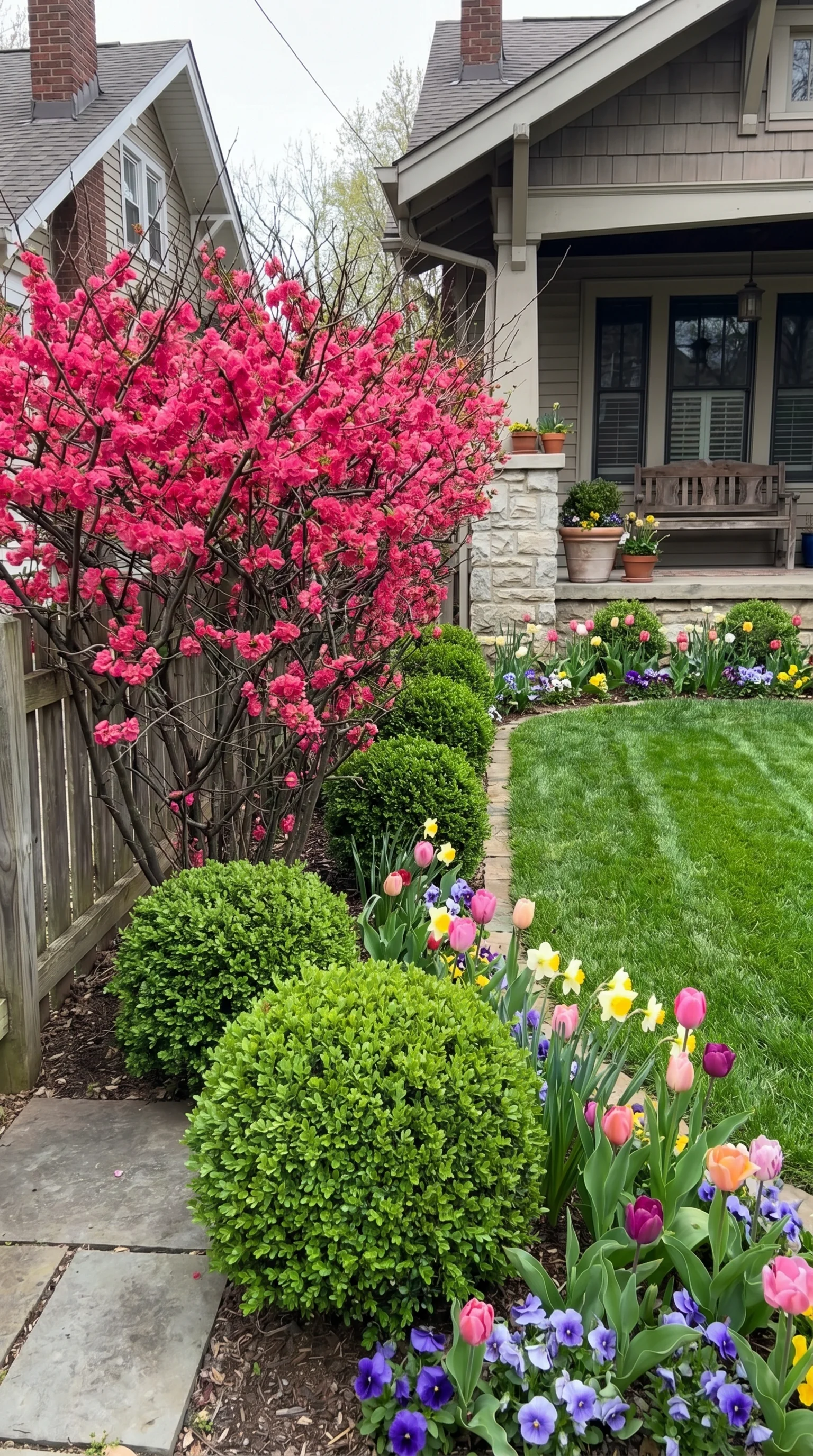 4 4 Vibrant front yard with flowering quince hedge i 4. [Vibrant front yard with 202606211454
