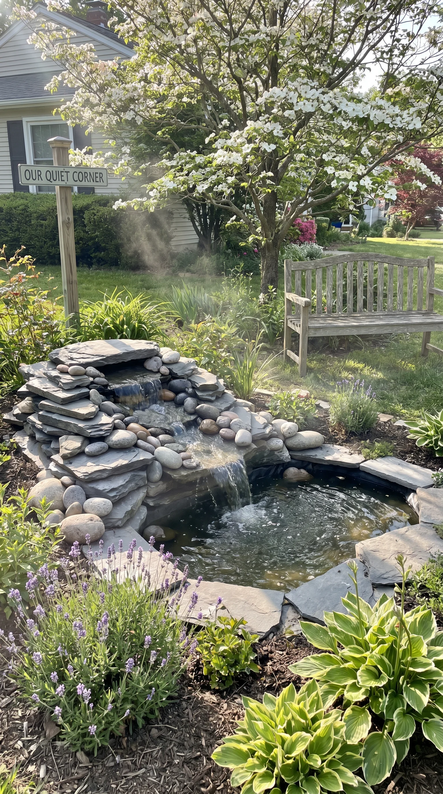 5 5 Charming front yard with small DIY rock waterfal 5. [Charming front yard with 202606211236