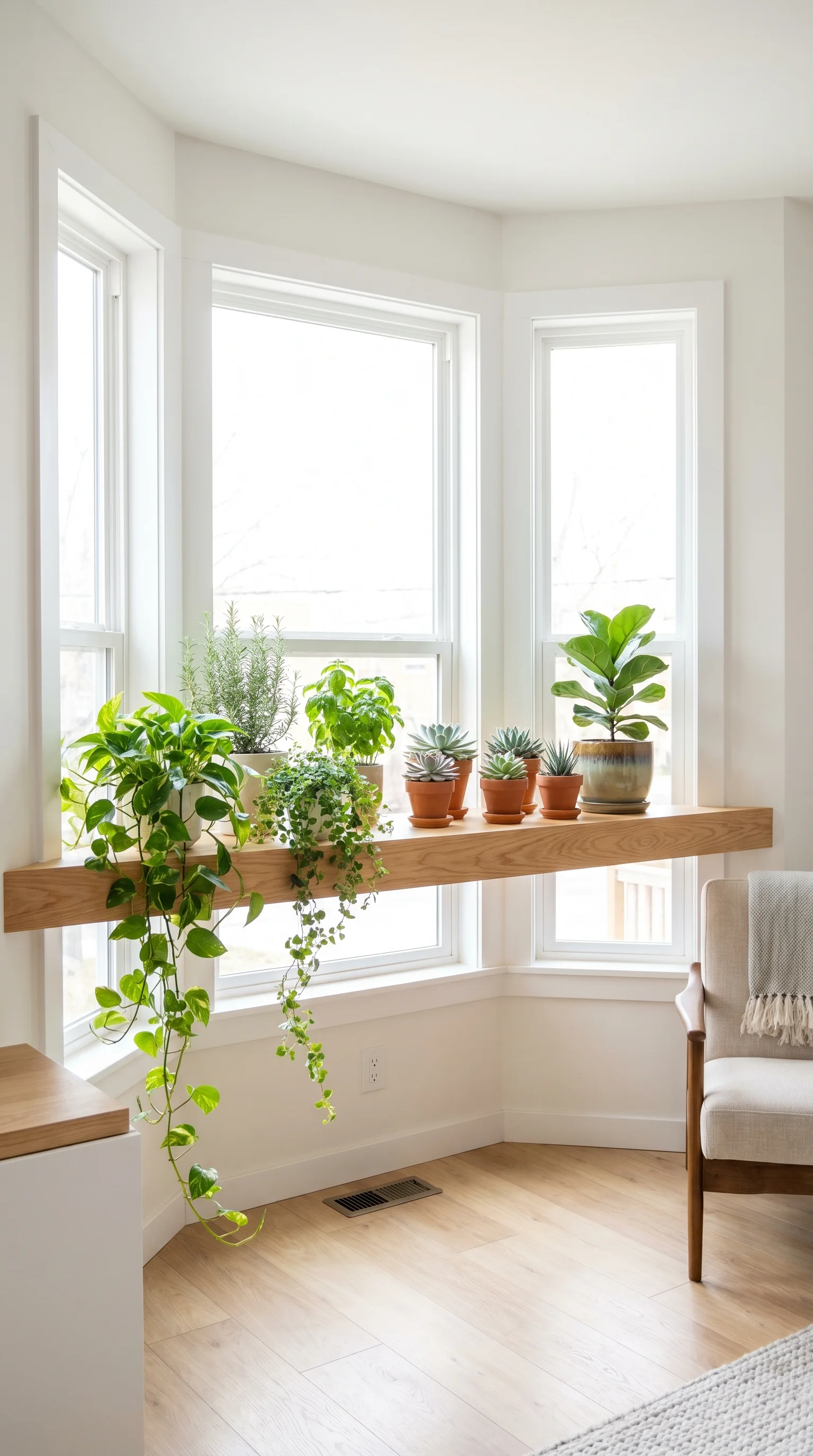 Modern bright bay window with floating wooden sh 6. [Modern bright bay window 202606211048