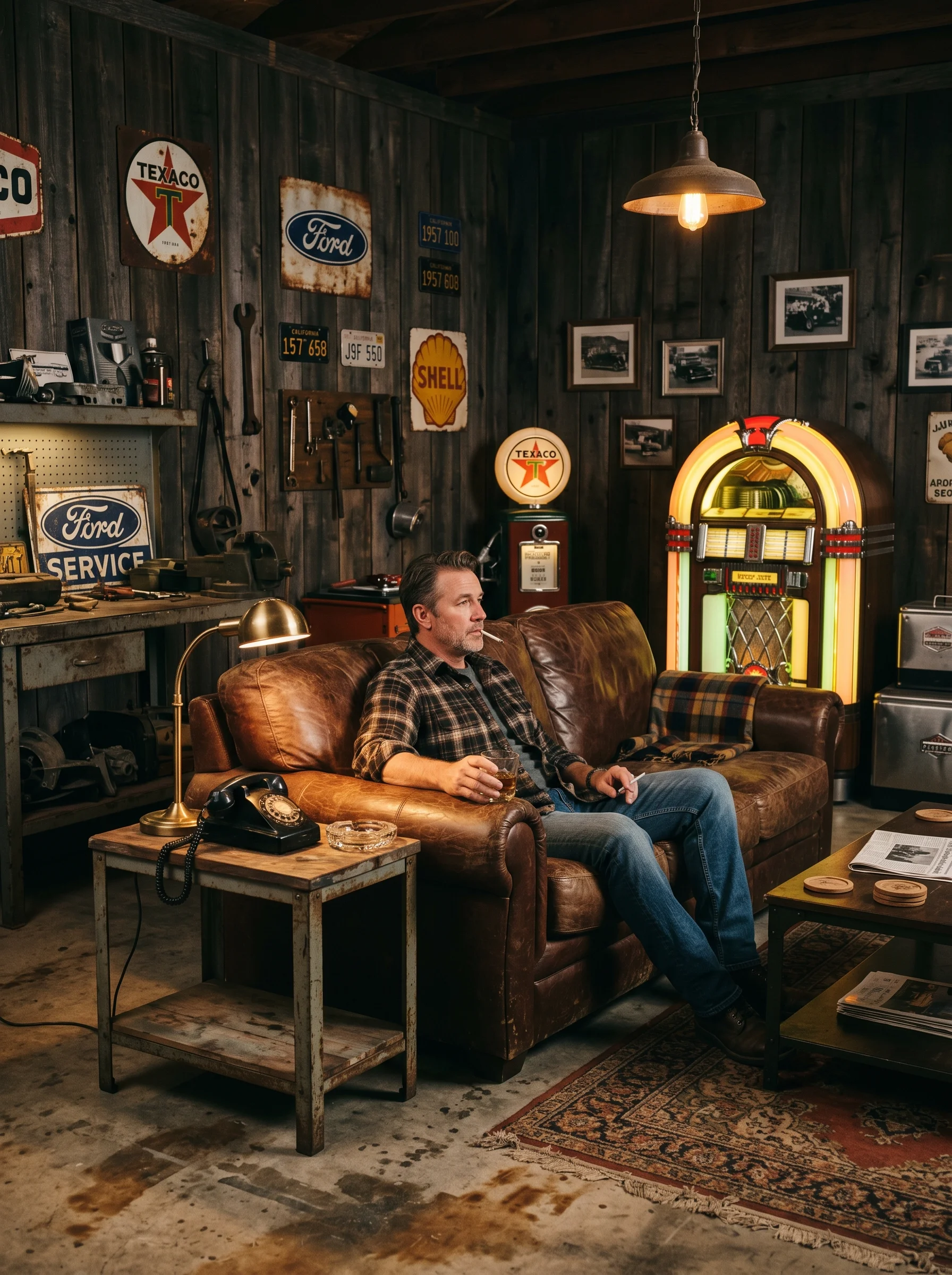 6 Vintage style garage man cave with distressed leat Vintage style garage man cave with 202606202133
