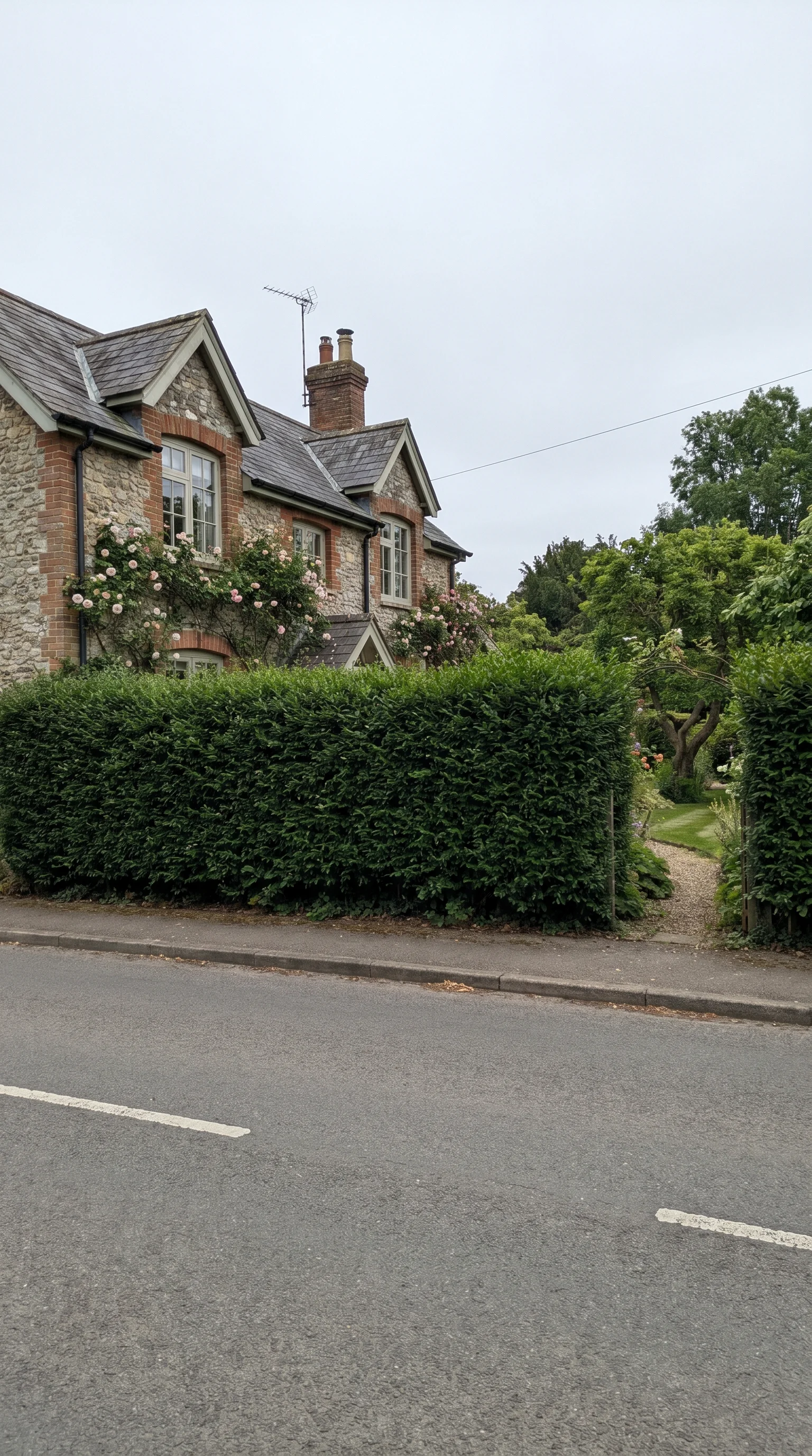 7 7 Mature tall green hedge laurel or privet running 7. [Mature tall green hedge 202606211458