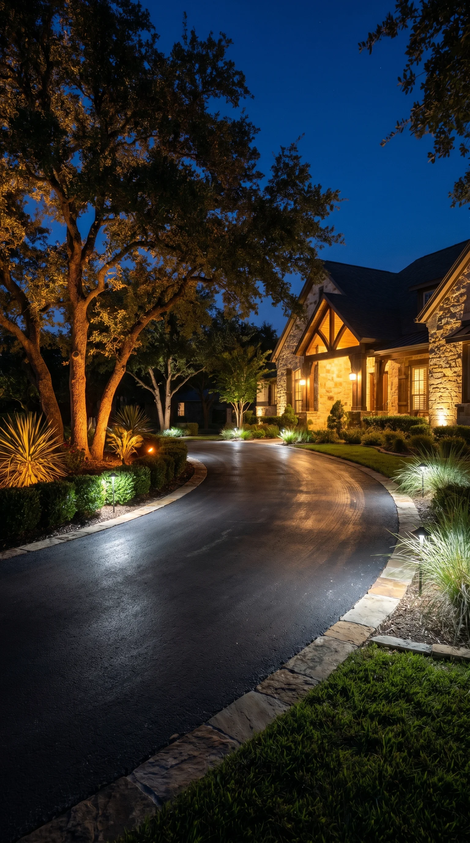 9 9 Driveway at night with strategic landscape spotl 9. [Driveway at night with 202606211415