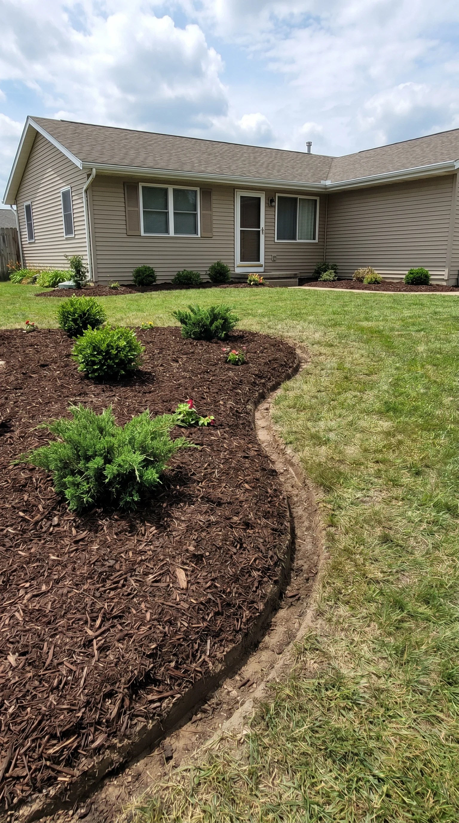 9 9 Front yard with freshly mulched planting bed cre 9. [Front yard with freshly 202606211204