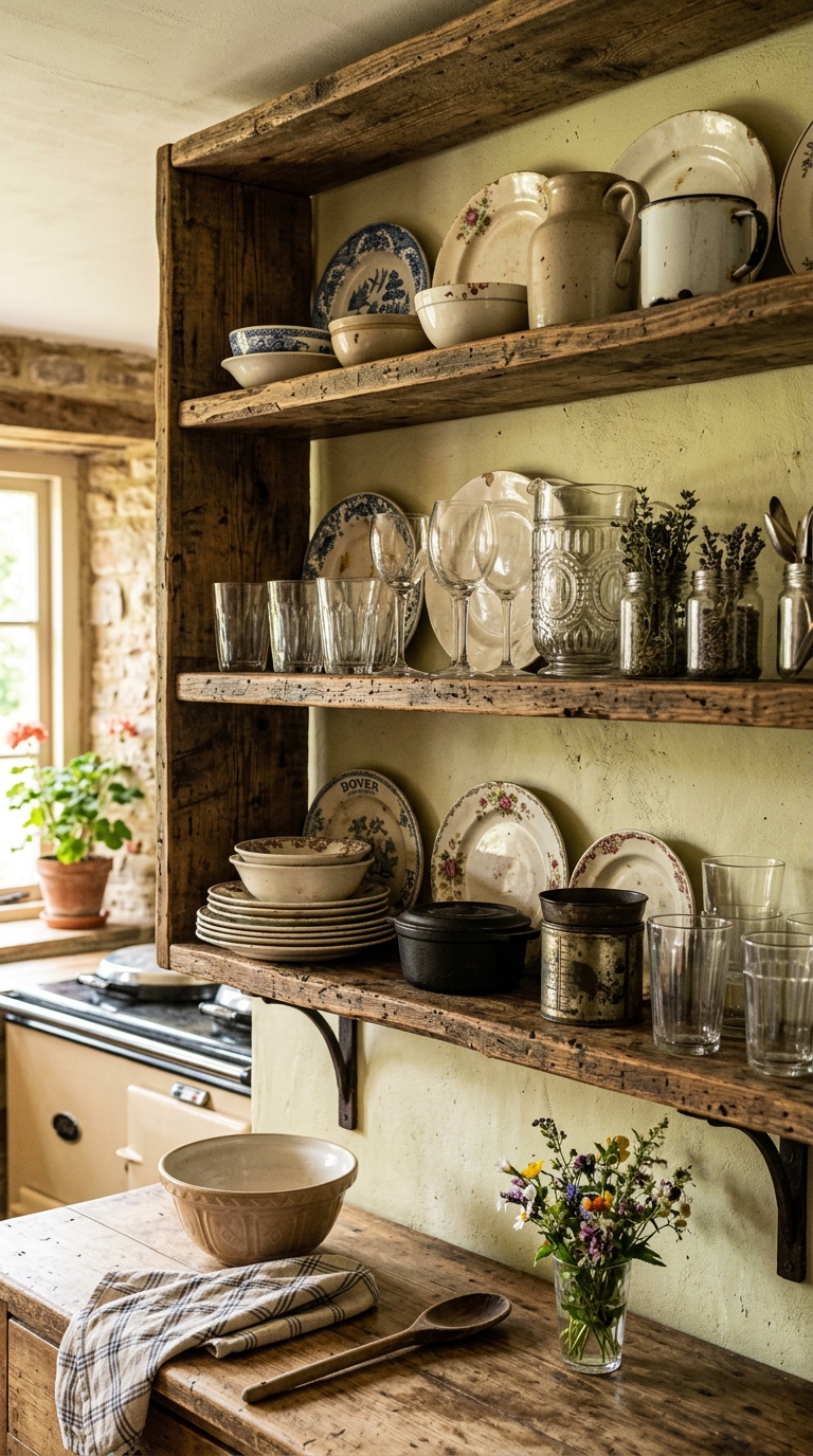 13 13 Photograph of distressed open wooden kitchen sh