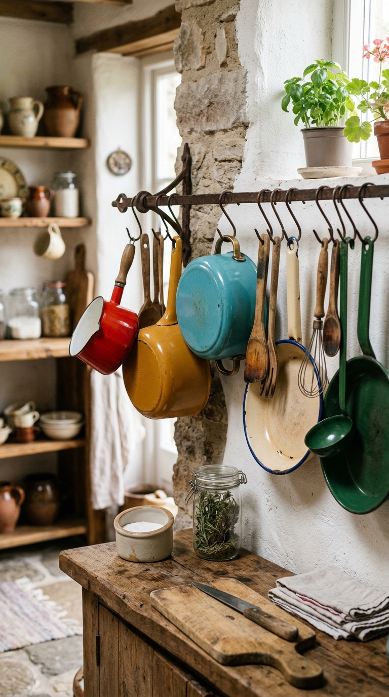 15 15 Photograph of vintage enamel cookware and woode