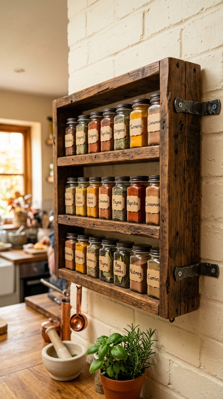 20 20 Photograph of a rustic wooden spice rack mounte