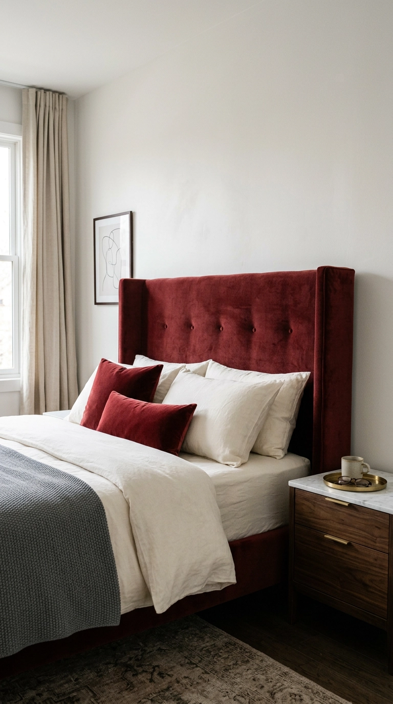 Wine velvet winged headboard against alabaster white walls in a red bedroom