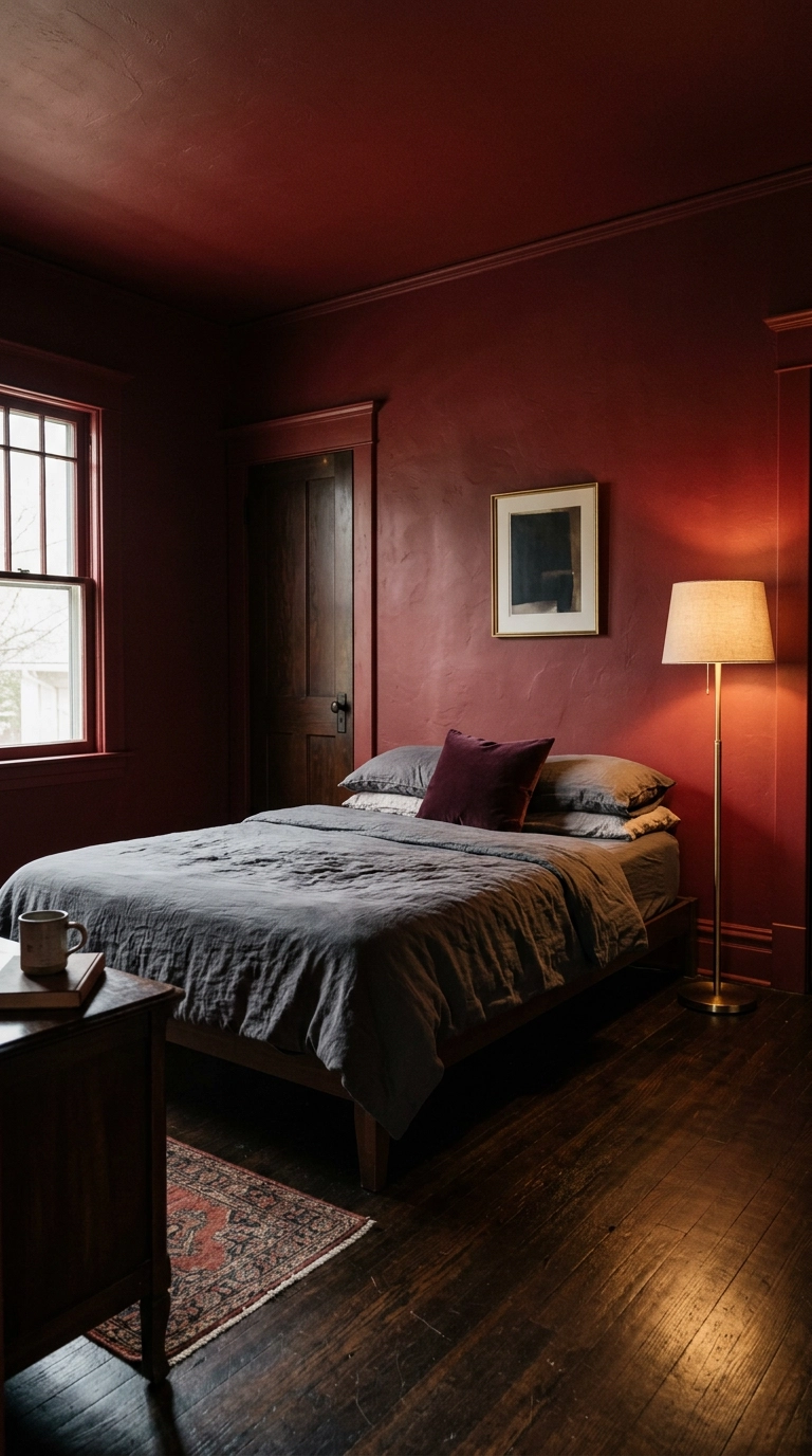 Burgundy color drenched red bedroom with Farrow and Ball Eating Room Red paint