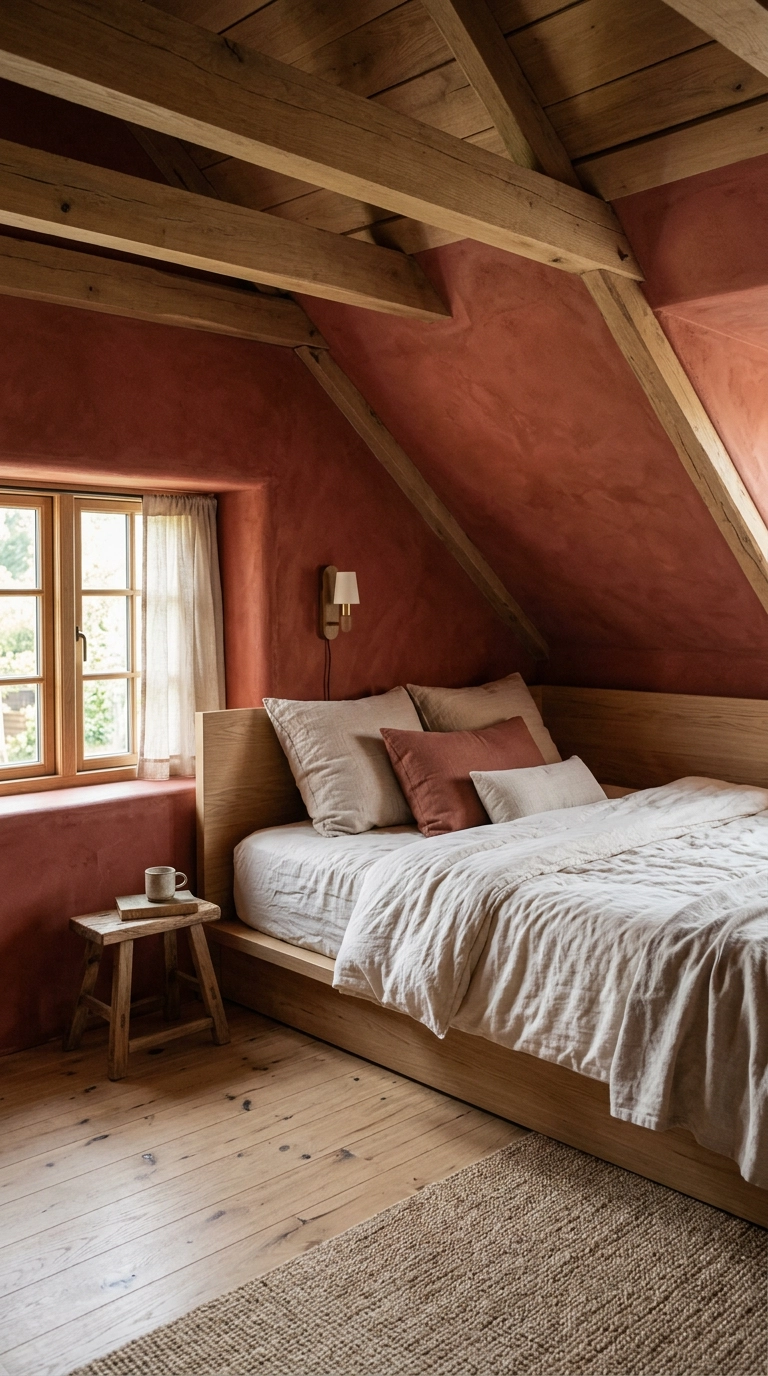 Textured terracotta red limewash plaster walls in a sloped attic bedroom