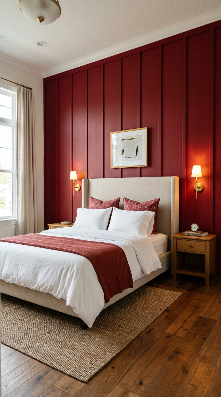 Deep crimson board and batten wall with unlacquered brass sconces in a red bedroom