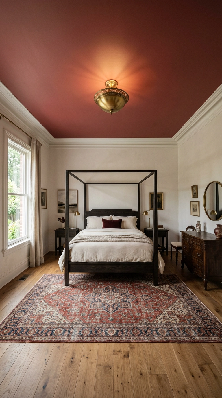 Muted chili red painted ceiling contrasted against bone-white walls in a master bedroom