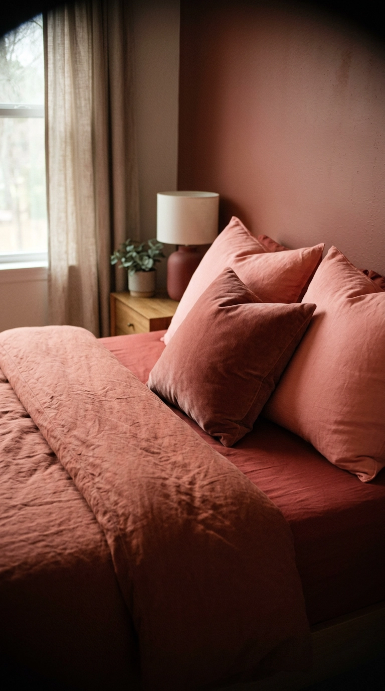 Monochromatic layered bedding in brick red, rust linen, and coral pink accent pillows