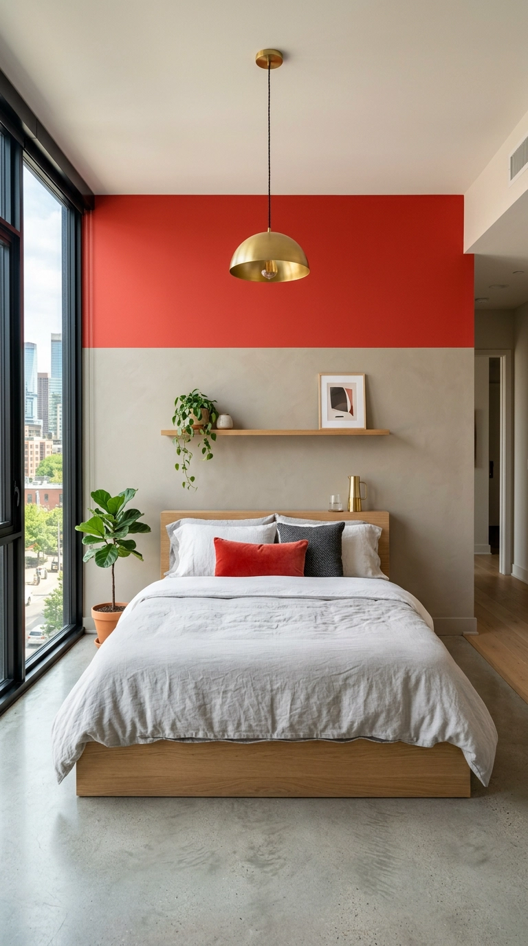 Color-blocked tomato red and greige feature wall in a modern apartment bedroom