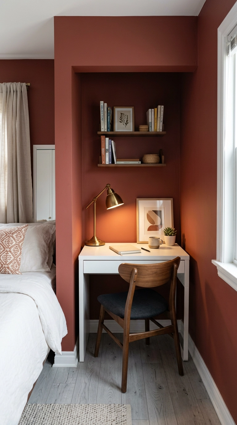 Dusty clay red matte painted desk alcove in a bedroom workspace nook