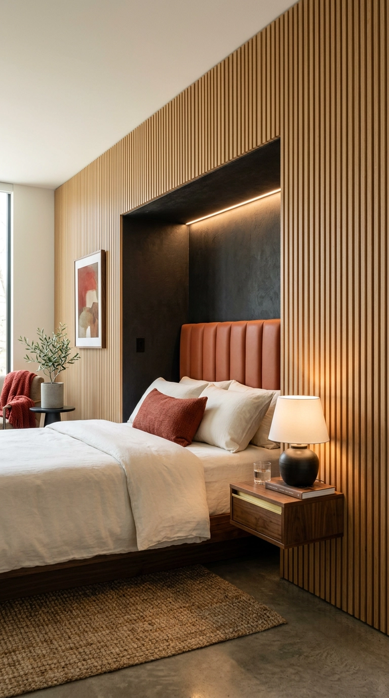 Fluted white oak slat wall with a built-in ochre-red leather headboard nook