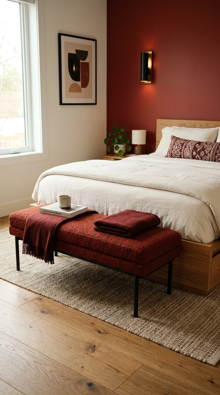 Rust red bouclé upholstered bench at the foot of a bed in a neutral room