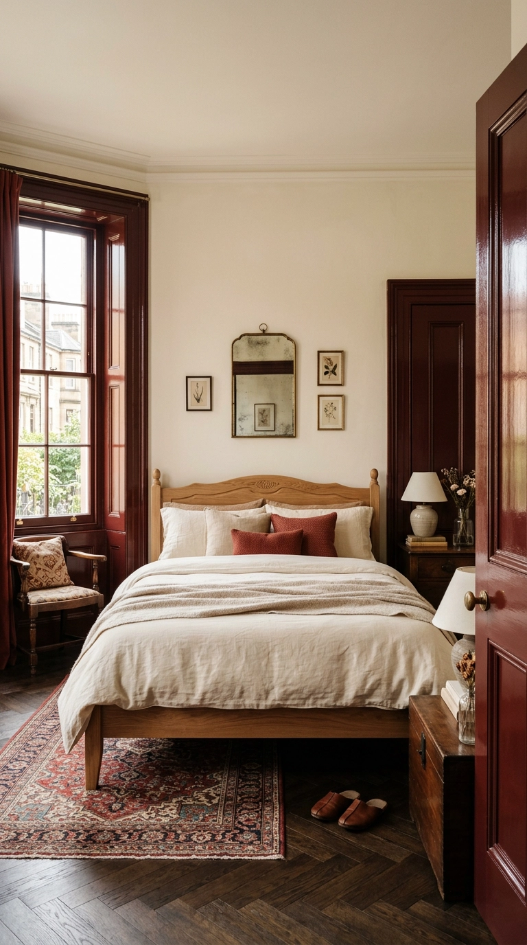 Glossy oxblood red painted window trim and baseboards with creamy off-white walls