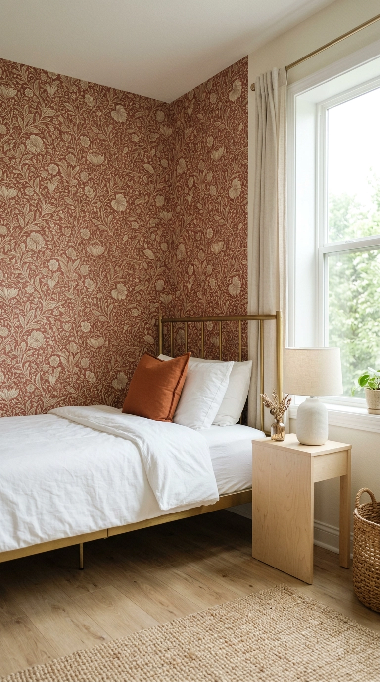Peel and stick brick red botanical wallpaper behind a brass bed in a renter-friendly bedroom