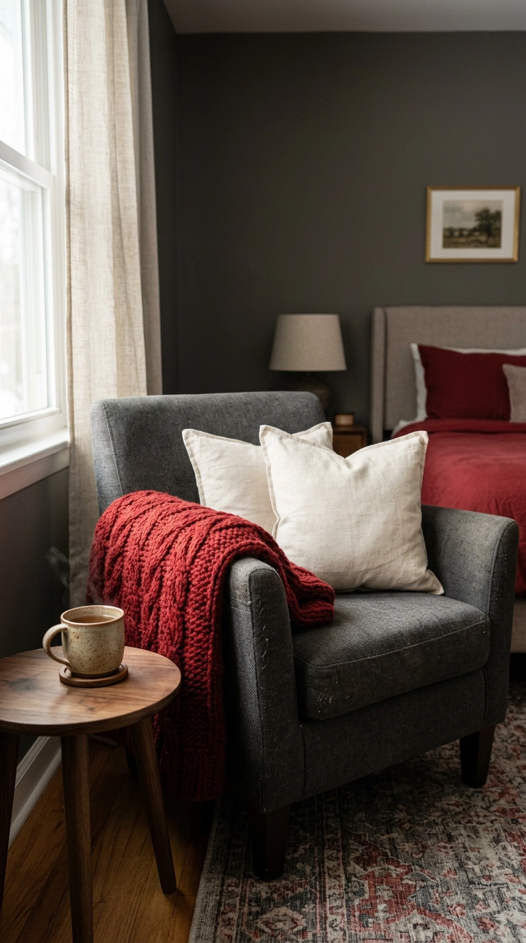 Chili red heavy knit throw blanket draped over a charcoal grey armchair
