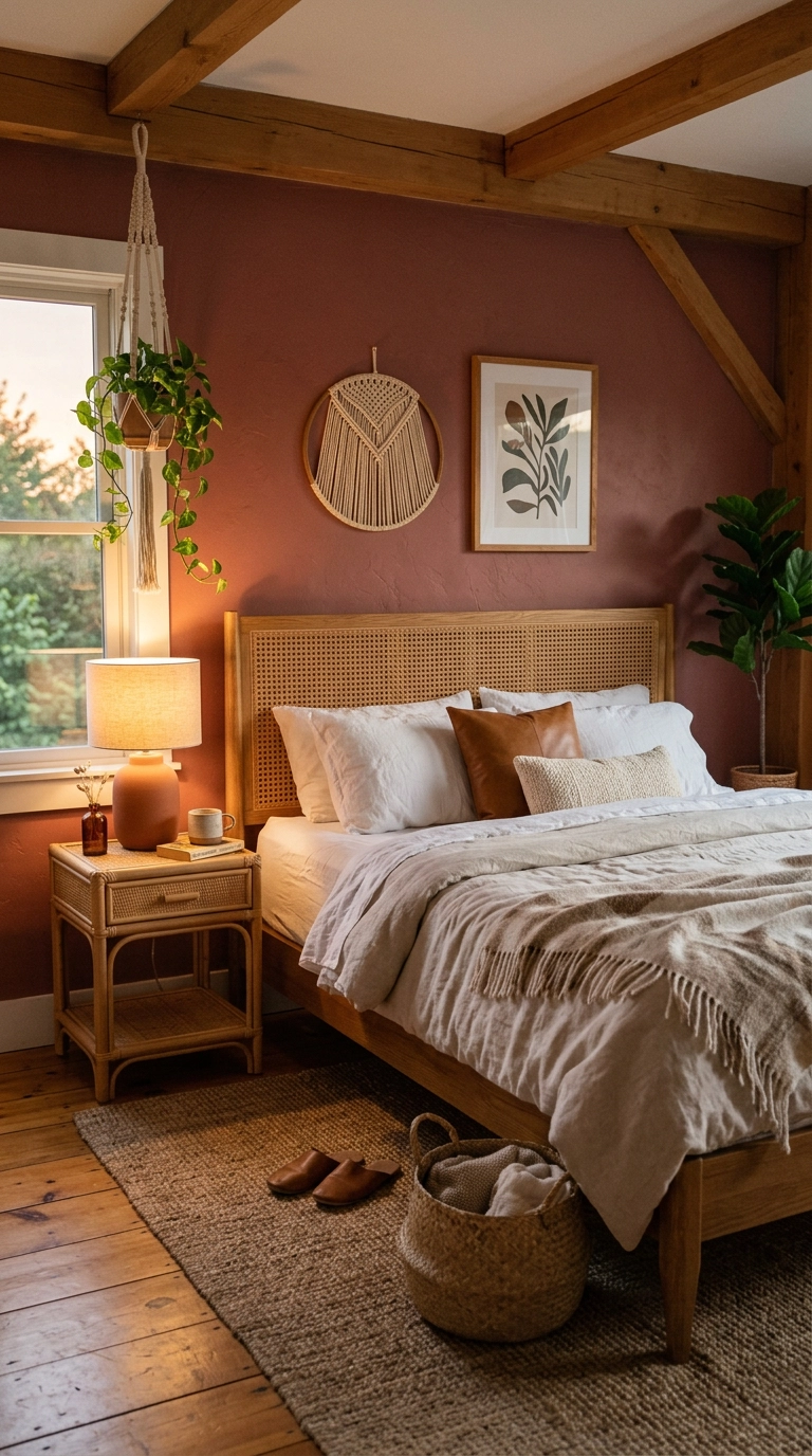 Woven cane webbing headboard framed against a muted brick red accent wall