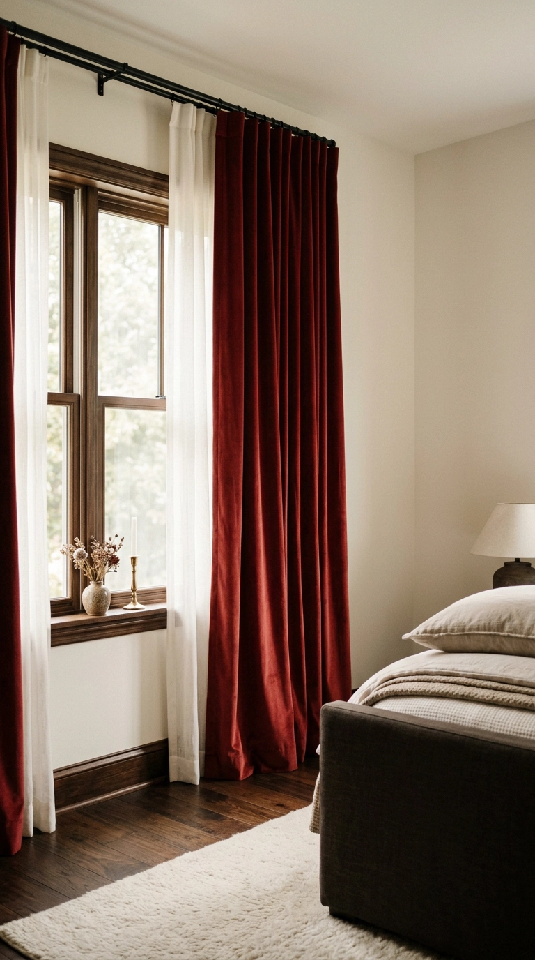 Floor-to-ceiling garnet red velvet drapes mounted on a black curtain rod