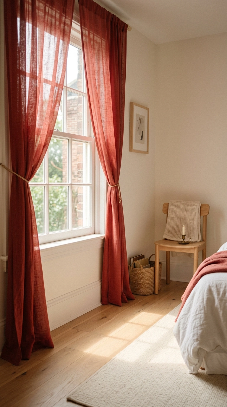 Soft terracotta sheer linen curtains diffusing afternoon sunlight across light oak floors