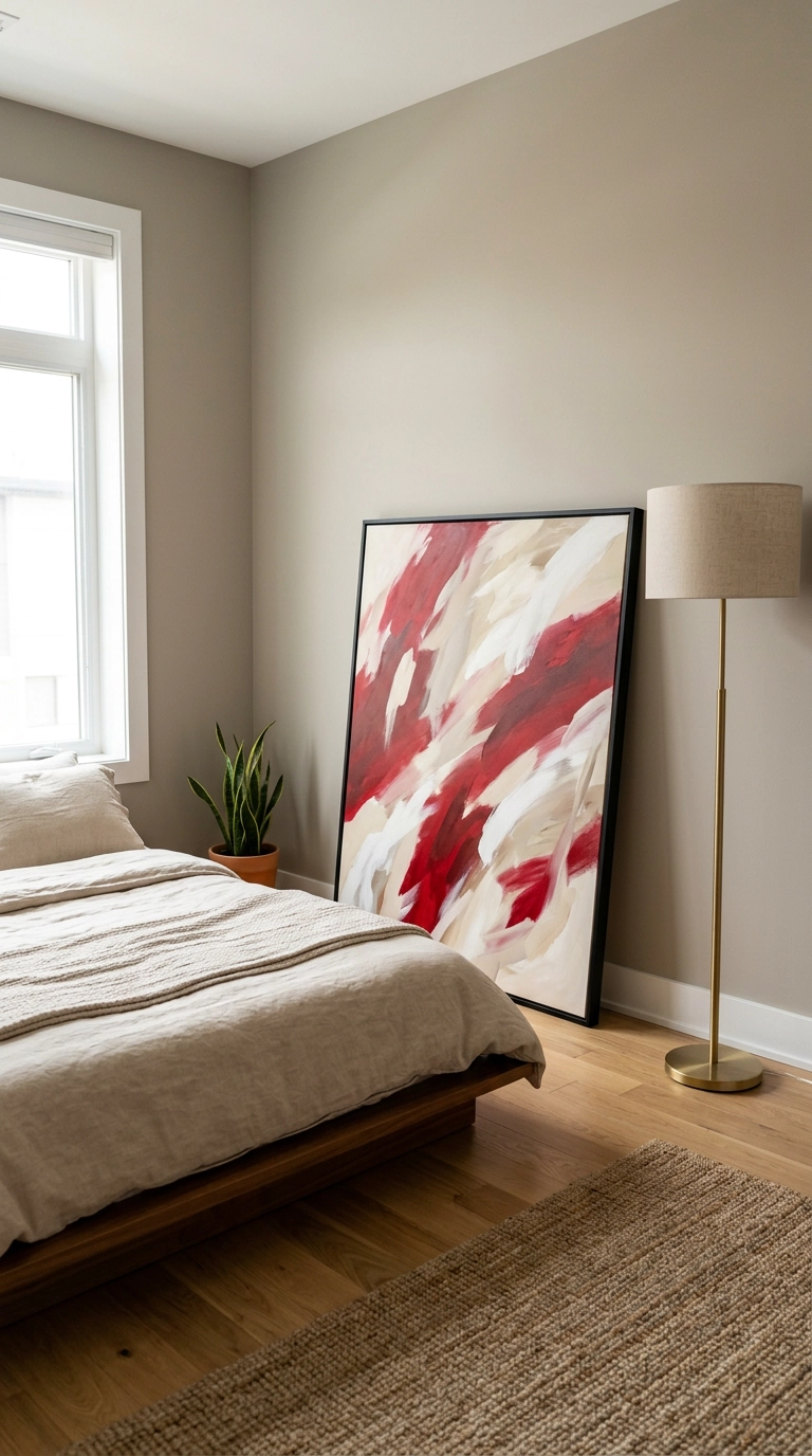 Oversized abstract crimson canvas artwork leaning against a neutral bedroom wall