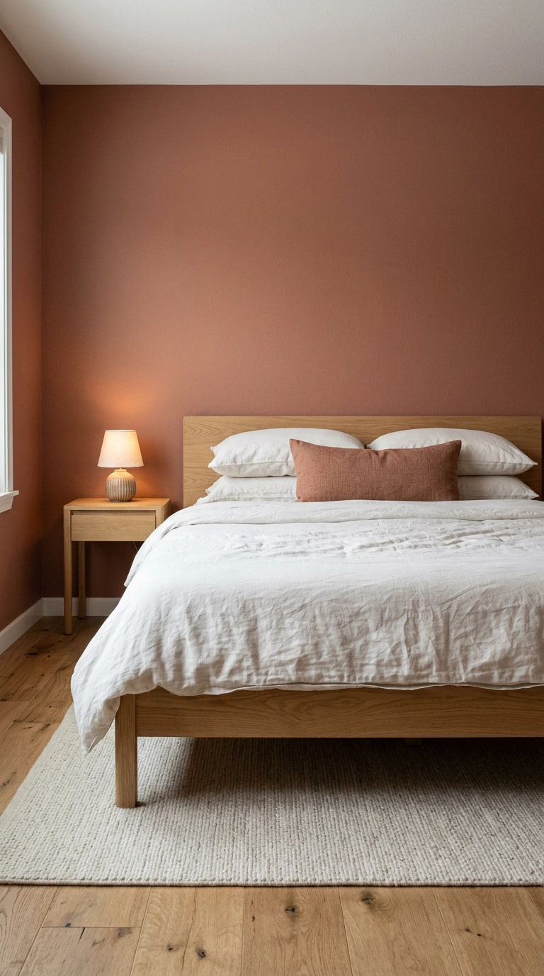 Muted terracotta red bedroom accent wall with white oak platform bed and cream rug