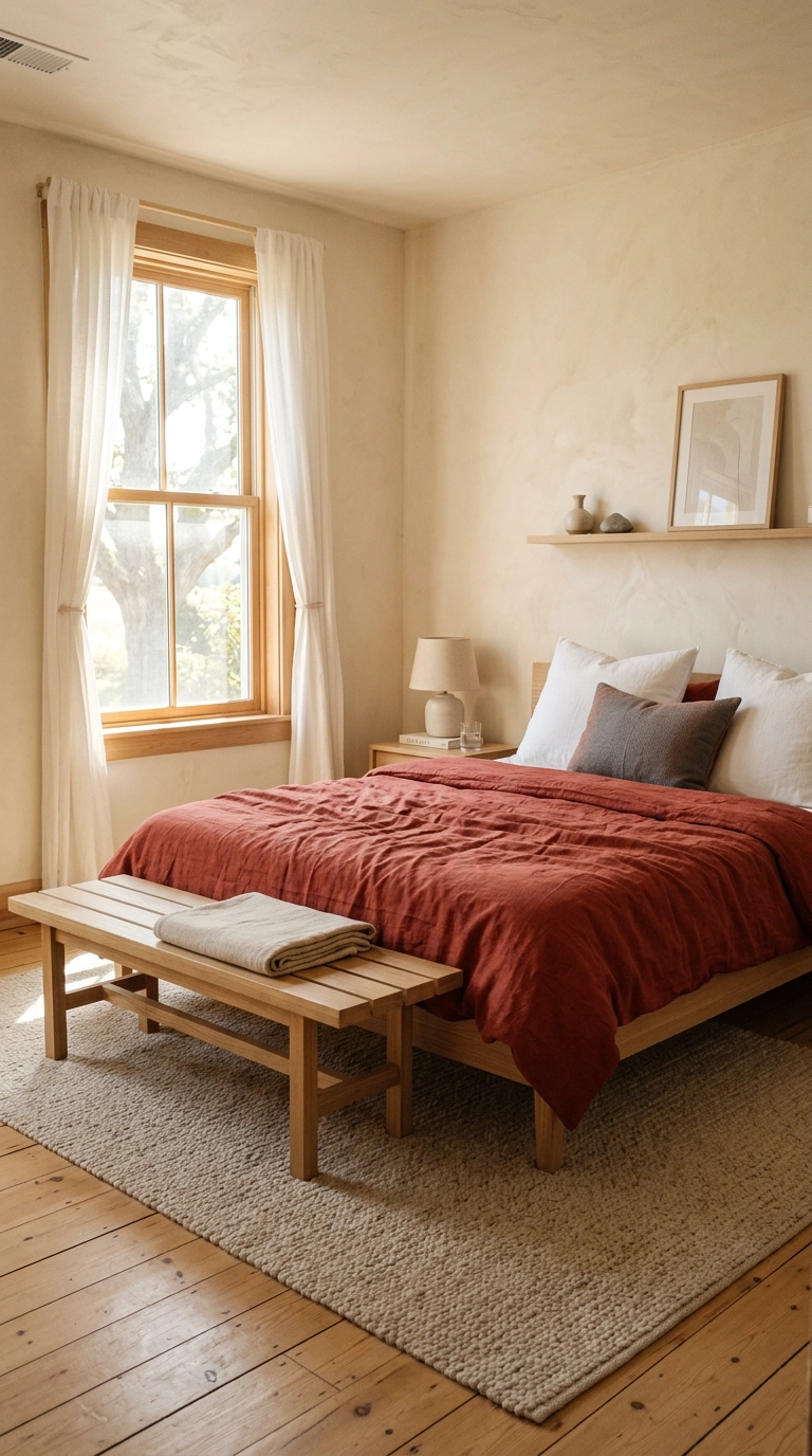 Rusty red washed linen bedding on a low Japandi oak platform bed