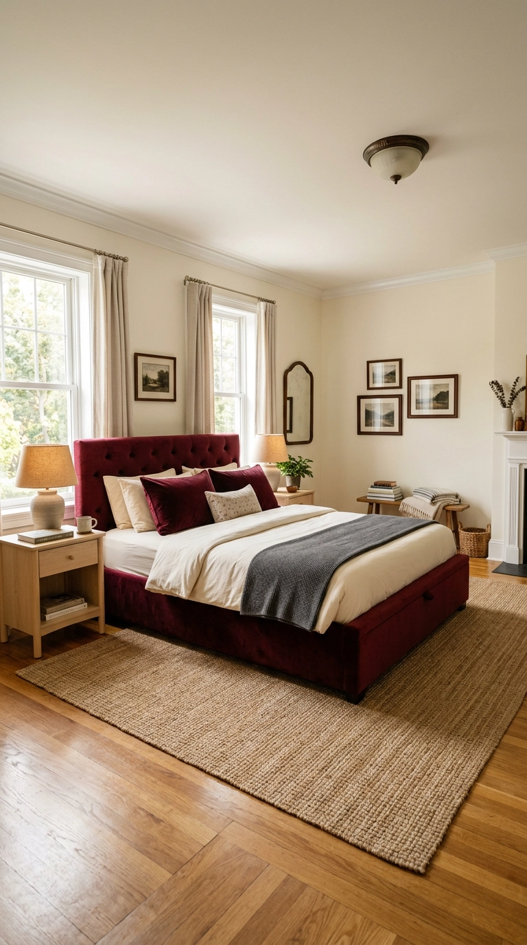 Merlot velvet upholstered storage bed frame resting on a natural tan jute rug