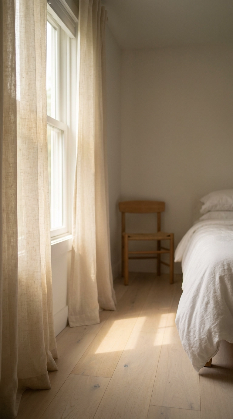 Sheer cream linen curtains diffusing soft afternoon sunlight across oak floorboards