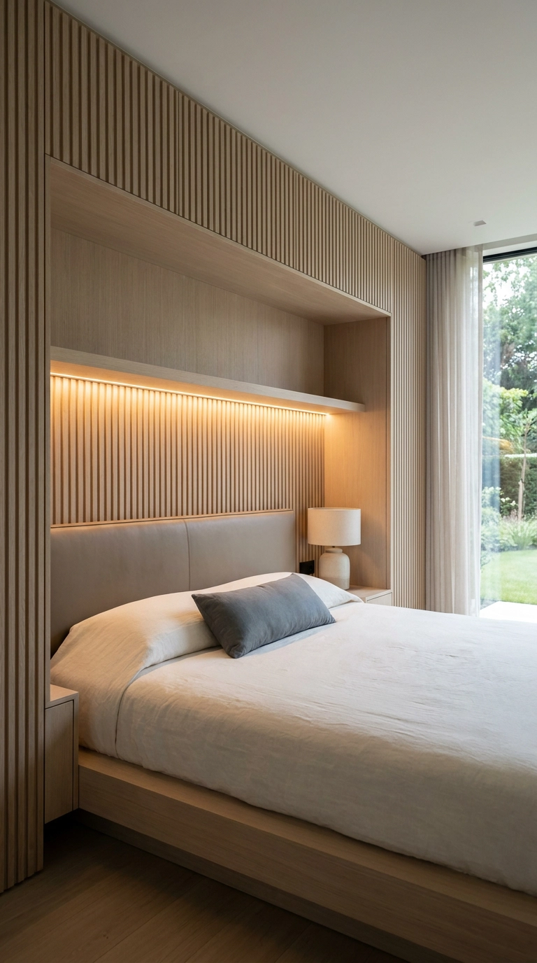 Vertical white oak acoustic slat wall paneling with built-in bed nook and LED lighting