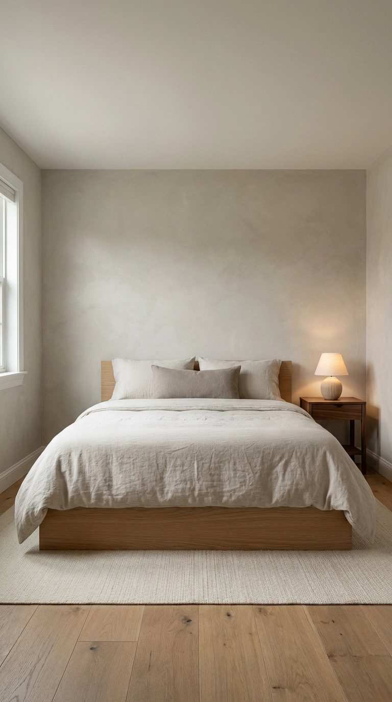 Restful bedroom with greige limewash walls, white oak platform bed, and oatmeal linen bedding