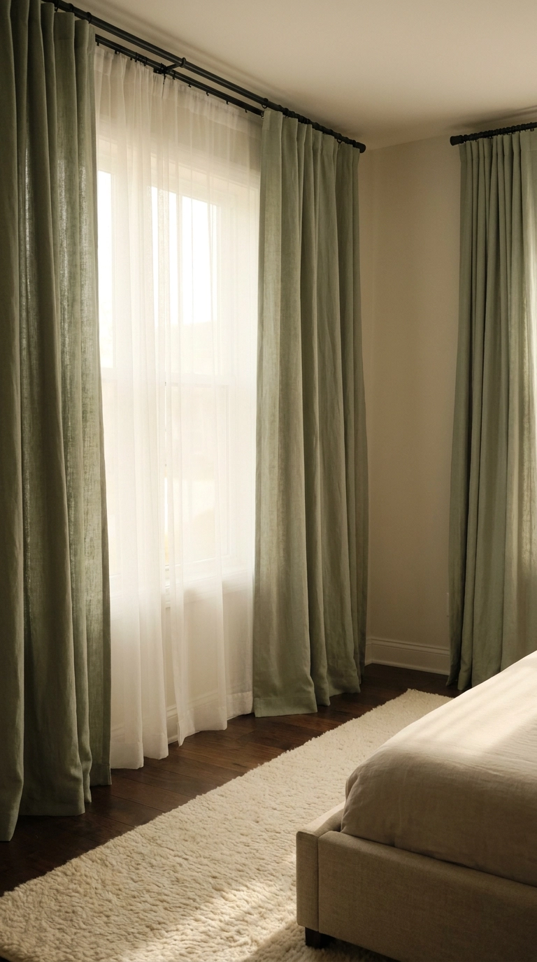 Floor-to-ceiling muted sage linen blackout drapes mounted high in a restful bedroom