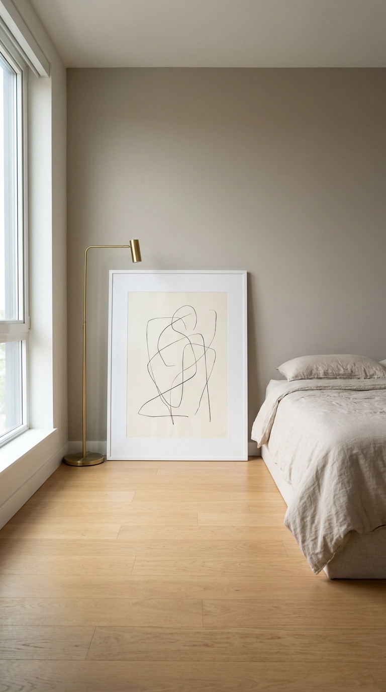 Oversized abstract line art leaning against a greige wall in a restful minimalist bedroom