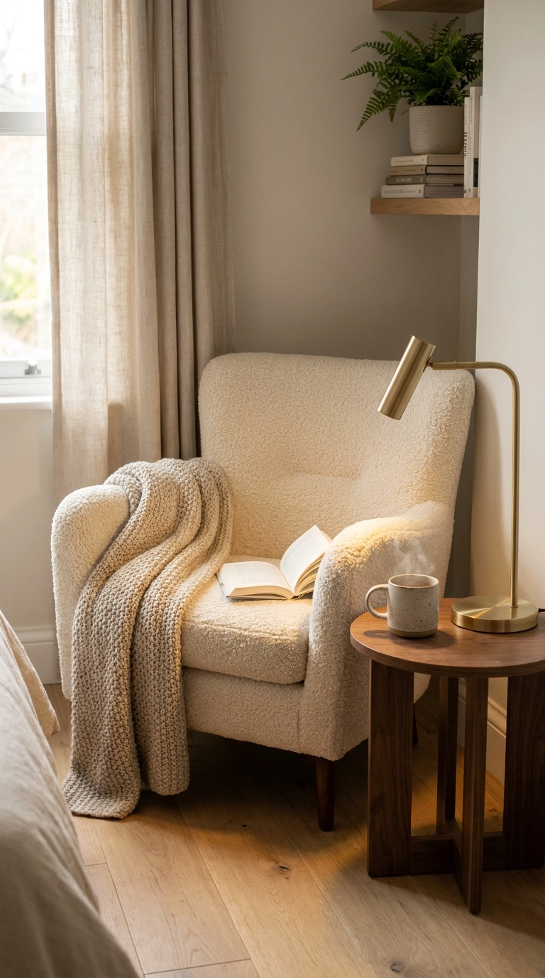 Unplugged reading corner featuring a cream bouclé armchair and brushed brass task lamp